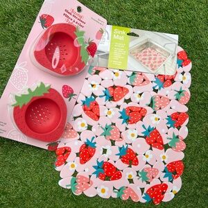 Pink Strawberry Sink Mat & Strainer Set 3pcs